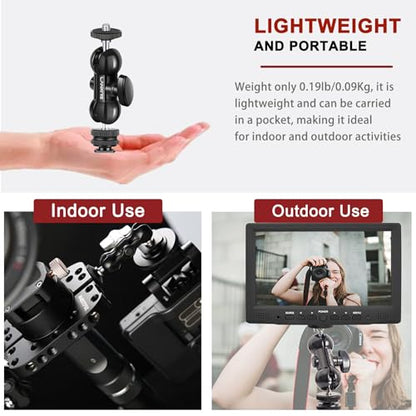 Mini Magic Arm Multi-Function Double Ball Head with 1/4" Screw and Cold Shoe Mount - for DSLR Cameras, Camcorders, LED Video Light, Camera Cage, Monitor, Microphone, Load up to 4.4lb/2kg