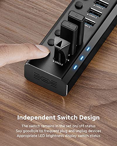 USB Hub 3.0 Powered Rosonway Aluminum 7 Ports USB 3.0 Data Hub Splitter with 24W (12V/2A) Power Adapter and Individual On/Off Switches USB Port Expander for PC and Laptop (RSH-A37S) - size: 7-Port Powered USB 3.0 Hub