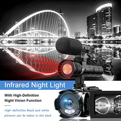 4K Video Camera with IR Light, Camcorder Digital with with External Microphone, 24X Digital Zoom, with Night Vision,YouTube Vlogging Camera Recorder