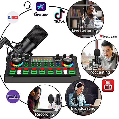 Podcast Equipment Bundle, 48V XLR Podcast Microphone Bundle, Voice Changer with Adjustable Mic Stand, Studio Condenser Microphone for Smartphone, PC, DJ, Video Recording, Streaming, Gaming and Singing