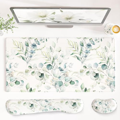 QIYI Leather Desk Mat Set, 4-in-1 Large Mouse Pad with Ergonomic Wrist Rest, Waterproof Desk Pad + Keyboard Wrist Rest + Mouse Wrist Support + Coaster, Non-Slip Office Gaming Accessories, Eucalyptus - color: Eucalyptus Branches
