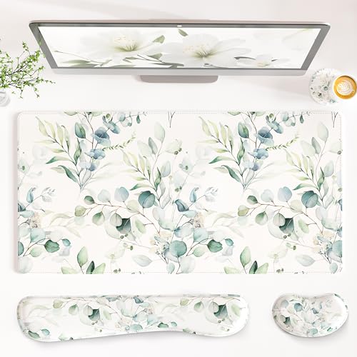 QIYI Leather Desk Mat Set, 4-in-1 Large Mouse Pad with Ergonomic Wrist Rest, Waterproof Desk Pad + Keyboard Wrist Rest + Mouse Wrist Support + Coaster, Non-Slip Office Gaming Accessories, Eucalyptus - color: Eucalyptus Branches