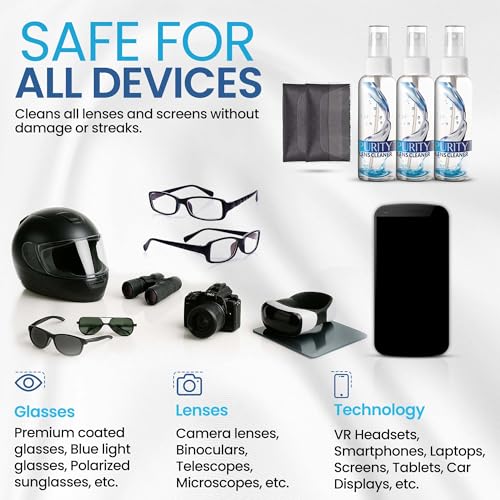 Purity Eyeglass Lens Cleaner Kit - 3 x 1oz Travel Size Lens Cleaner Spray Bottle + 2 Microfiber Cleaning Cloths - Safe for All Lenses (AR Coated Included), Eyeglasses and Screens - Clear - style: 5 Piece Set - 3 (1oz Lens Spray) + 2 (Microfiber Cloth)