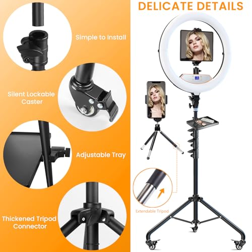 18" Large Ring Light with Stand, Upgraded Foldable LED Big Ringlight with 75" Tripod & Wheel Tray for Live Tattoo Makeup Video Recording Barber Photography - size: 18 INCH