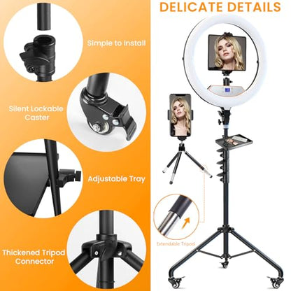 18" Large Ring Light with Stand, Upgraded Foldable LED Big Ringlight with 75" Tripod & Wheel Tray for Live Tattoo Makeup Video Recording Barber Photography - size: 18 INCH