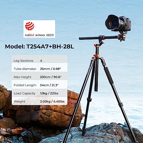 K&F CONCEPT 90''/230cm Ultra High Camera Tripod T254A7+BH-28L | Horizontal Overhead Shooting, Metal Ball Head, 10KG Load Capacity, Detachable Monopod, Flexible Travel Tripods - size: T254A7+BH-28L