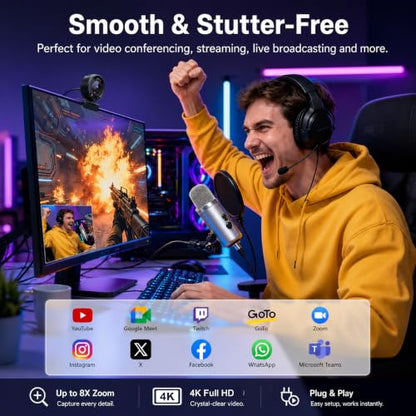 4K PC Webcam, PDAF Auto Focus, 1080P@60fps, Dual Noise Cancelling Mics, 8X Digital Zoom 73° FOV, Privacy Cover Plug&Play Web Camera for PC Computer Windows Mac Zoom Teams Twitch Google Meet