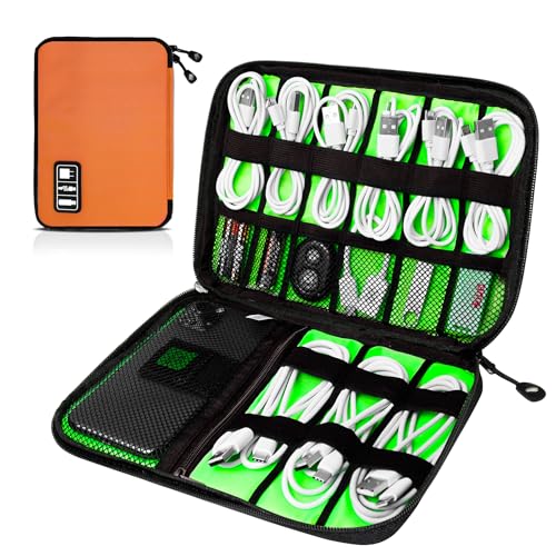 Cord Organizer Travel, Electronics Organizer Tech Pouch - Portable Cable Organizer Bag for Cords, Charger, Phone, SD Card, Power Bank for Travel & Daily Use -Orange Green - color: Orange