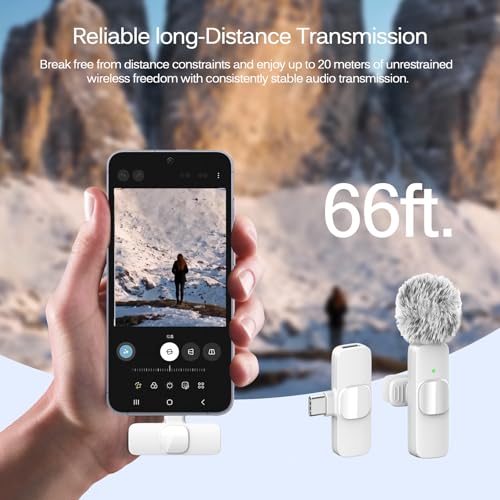 White Wireless Lavalier Microphone for iPhone & Android - Mini Clip-On Mic with Noise Cancellation 2 Pack Lapel Mic Plug and Play Wireless Mic for Video Recording Interview Podcast Vlog YouTube