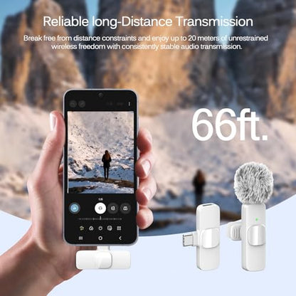 White Wireless Lavalier Microphone for iPhone & Android - Mini Clip-On Mic with Noise Cancellation 2 Pack Lapel Mic Plug and Play Wireless Mic for Video Recording Interview Podcast Vlog YouTube