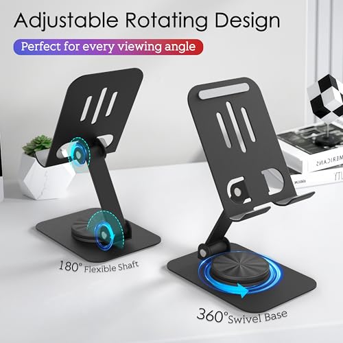 Metal Cell Phone Stand for Desk, Multi-Angel Adjustable 360° Rotation Non-Slip and Foldable Mobile Phone Stand, Compatible with iPhone 17 16 Pro Max and All Smartphones, Black - color: Black