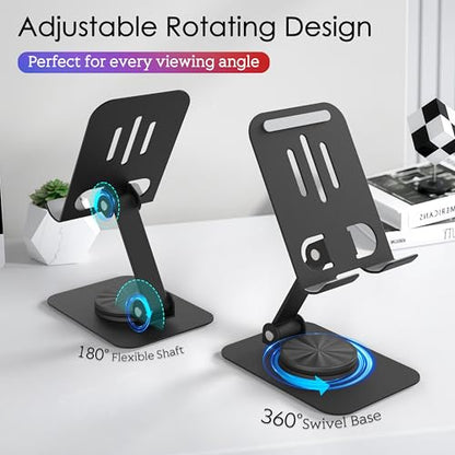 Metal Cell Phone Stand for Desk, Multi-Angel Adjustable 360° Rotation Non-Slip and Foldable Mobile Phone Stand, Compatible with iPhone 17 16 Pro Max and All Smartphones, Black - color: Black
