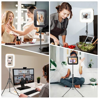 3600mAh Rechargeable Ring Light with Stand for Video Recording, Dimmable Lighting Tripod for iPhone, Square Light with Phone Holder for Content Creators, Selfie, Makeup, Live Streaming, TikTok