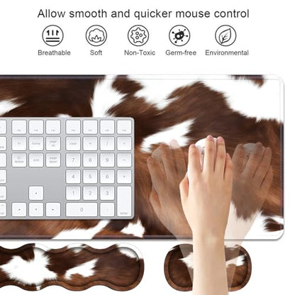 4 in 1 Ergonomic Keyboard Wrist Rest & Mouse Pad Wrist Rest Set, Large XXL Gaming Desk Mat 31.5"x 11.8" with Non-Slip Base, Memory Foam for Home Office Study Gaming, Brown Black Cow Print - color: Brown Black Cow Print