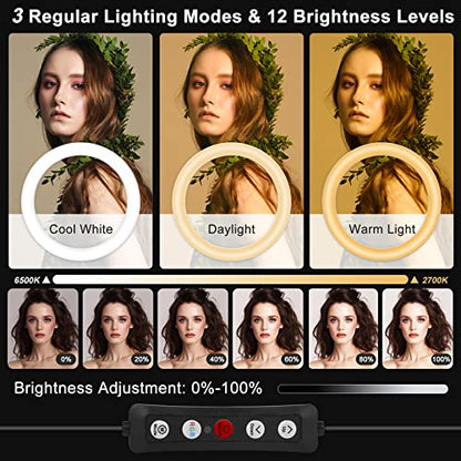 10" Selfie Ring Light with 73" Tripod Stand & 1 Phone Holder, LED Camera Ringlight with 48 RGB Colors Modes & Musical Rhythm Mode and 12 Brightness Dimmable for TikTok/Makeup/Photography/Vlog - color: 10" Musical Version