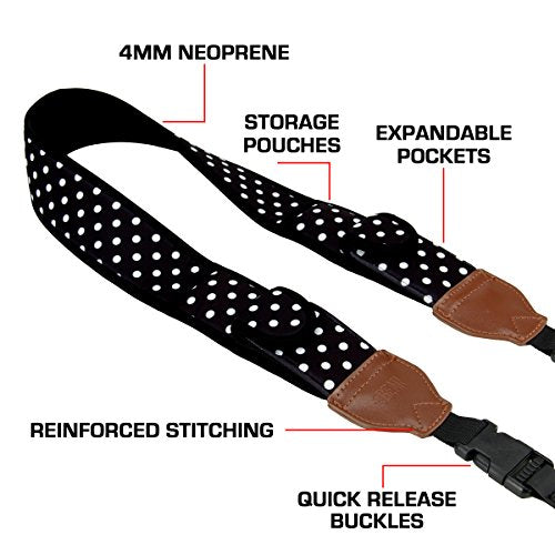 USA Gear TrueSHOT Camera Strap Neoprene Camera Straps - Padded Neck Strap, Pockets, and Quick Release Buckles - Compatible with Canon, Nikon, Sony and More DSLR and Mirrorless Cameras (Polka Dot) - color: Polka Dot