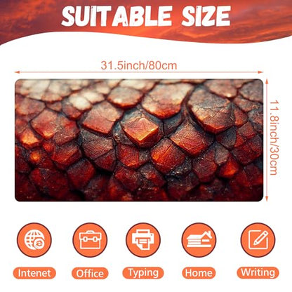 Desk Mat, Red Fire Dragon Scales Desk Pad, Cool Dragon Large Gaming Mouse Pad for Desk, 31.5"x15.7" Extended Big Computer Keyboard Mouse Pad with Non-Slip Base and Stitched Edge - color: Red Fire Dragon Scales