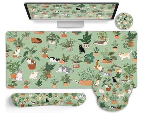 LIMKRIAN Cat Ergonomic Mouse Pad XXL Desk Mat Set, Green Desk Accessories | Mouse Pad with Gel Wrist Rest, Large Gaming Mousepad, Wrist Support Keyboard Mat , Coaster, Cute Office Desk Decor Women - color: XXL- Cute Cat