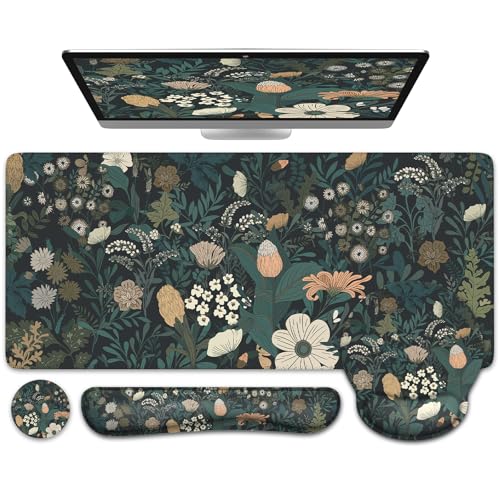 iCasso Desk Cover Mat, 4in1 Floral Large Mouse Pad with Wrist Rest, Desk Matt for Desktop, Anti-Slip XXL Big Computer Ergonomic Mousepad with Wrist Support for Keyboard and Mouse (Weeds) - color: Weeds