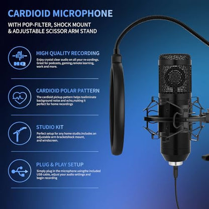 GUHUS USB Condenser Microphone,Computer PC Microphone Kit with Adjustable Boom Arm Stand Shock Mount for YouTube Vocal Gaming Streaming
