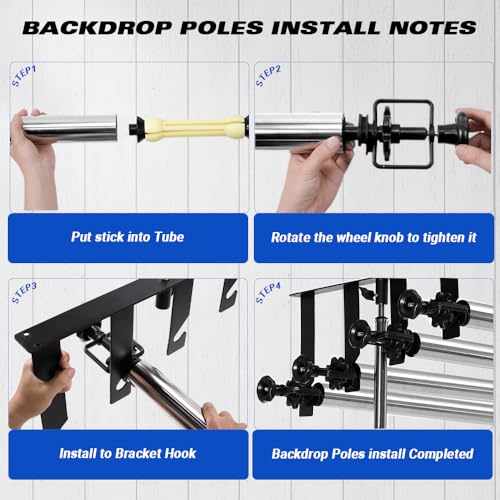 MagicLine Photography Backdrop 4 Roller Support System, 118 inch Stainless Steel Crossbars Manual Backdrop Stand,Wall/Ceiling/Light Stand Mount Background Holder for Home & Studio(Stability)