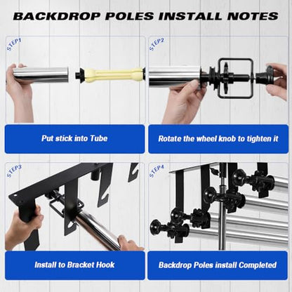 MagicLine Photography Backdrop 4 Roller Support System, 118 inch Stainless Steel Crossbars Manual Backdrop Stand,Wall/Ceiling/Light Stand Mount Background Holder for Home & Studio(Stability)