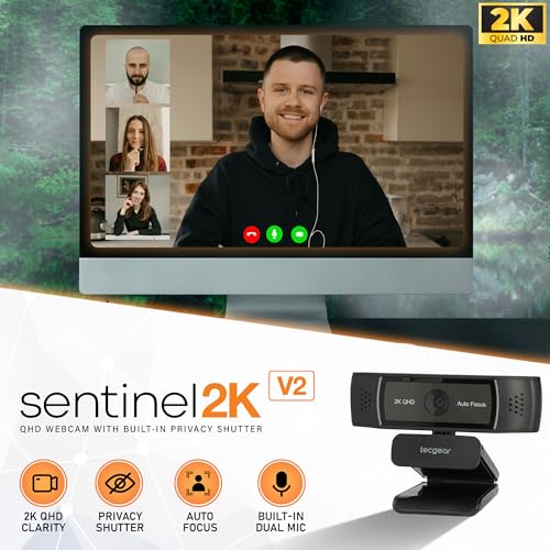 Sentinel 2K Webcam for PC with Microphone, Touch Control, Autofocus, Privacy Shutter & 360° Adjustable | Camera for Computer, Laptop & Mac | USB Video Streaming for Zoom/Skype/Google Meet/Team