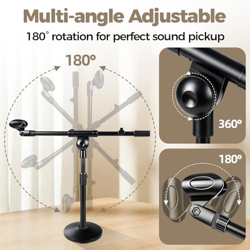 Microphone Stand Desk Adjustable, Boom Arm Desktop Mic Stand Metal Weighted Base, Height-Adjustable Compatible with Multiple Microphone Sizes