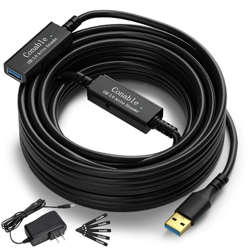USB 3.0 Active Extension Cable 50 Feet, Long USB Type-A Male to Female Extender Cord, Built-in 2 Signal Booster Smart Chips, 5Gbps Transfer, Black USB Extension Cable with an AC Power Adapter (5V 2A) - size: 50 Feet (Active)