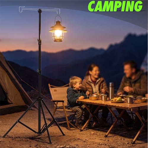 Telescopic Height Adjustable Camping Lantern Tripod Stand | 2-Hook Lantern / Light Hanger Holder for Outdoor Camping Tent RV, Night Fishing & Patio - size: 6ft 11"