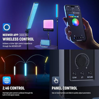NEEWER Photography RGB Light Stick Kit, 2 Pack LED Video Tube Lights w/Stands, Diffusers, 3250Lux Dimmable Light Wand 2500-10000K CRI95+/TLCI97+ APP/2.4G/Panel Control for Live/Videos/Vlog, BH20C