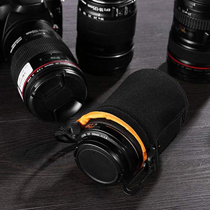 M Size (Medium) Camera Lens Pouch, Thick Protective Neoprene Bag Storage Cover Case with Drawstring Design, Soft Plush Interior, Compatible for Canon, for Nikon, for Sony DSLR Lenses - size: M: 9cm x 14cm (D x H)