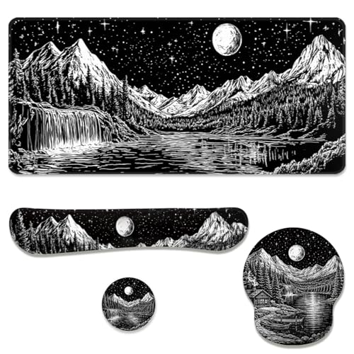 Moon Night Desk Mat Set Dark Mountain Landscape Large Mouse Pad with Wrist Rest 4in1 Desk Mat for Desktop Ergonomic Keyboard Wrist Support Anti-Slip Computer Ergonomic Mouse Pad Home Office Gaming - color: Moon Night