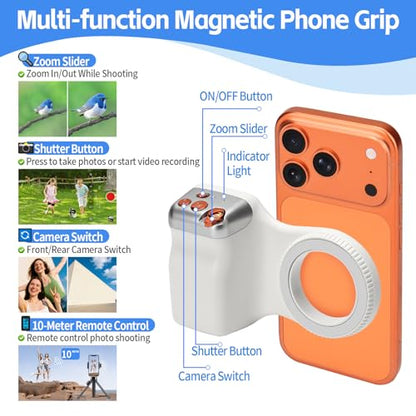 Magnetic Phone Camera Grip,Smartphone Shooting Holder, Selfie Handle Fun Shot Magnetic Grip for iPhone & Android with Wireless Shutter Button, Creator Kit for TikTok/Selfies/Photography/Video - size: Phone Camera Grip no Light