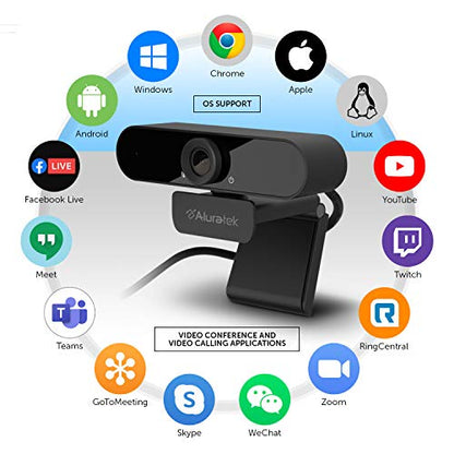 Aluratek HD 1080P Video Webcam (AWC03F) Full HD Webcam with Built-in Microphone, Autofocus, and Adjustable Clip Perfect for Streaming, Video Calls, and Online Meetings Video and Audio - style: AWC03F