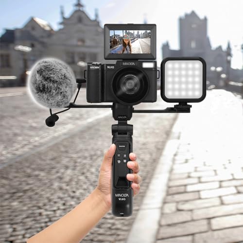 Minolta 64MP 4K60FPS VLOG Camera Kit – Digital Autofocus Camcorder with Tripod, Remote, Mic, LED Light, 3-inch LCD Screen, Time-Lapse, Slow Motion, Wide Angle Lens, 32GB Card, USB