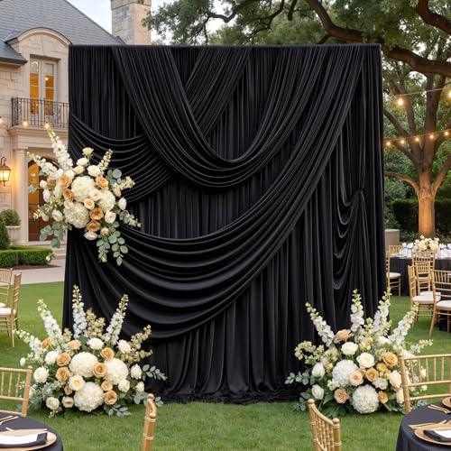 10ftx12ft Wrinkle Free Black Backdrop Curtain, 2 Panels 12FT Height Black Drapes for Wedding, Silky Polyester Photo Back Drop Cloth Draping for Birthday Party Photography Background - color: Black, size: (W)5ft x (H)12ft (2 Panel)