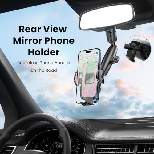 Rear View Mirror Phone Holder, 360° Rotating Car Phone Holder Mount Compatible with All 4-7 Inch iPhone and Android Cell Phones (Pink) - style: Pink