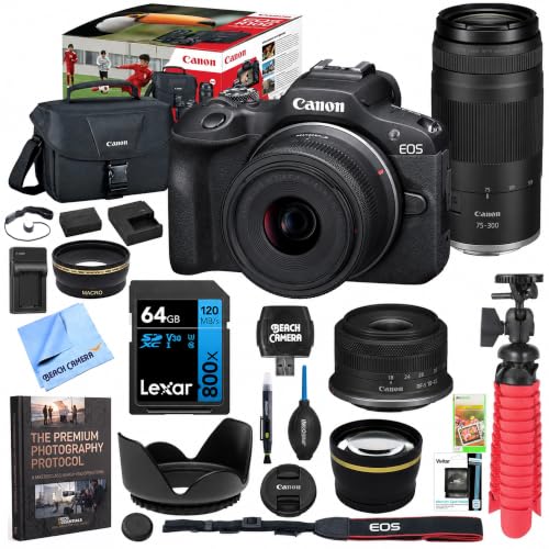 Canon EOS R100 Mirrorless Camera Double Zoom 2 Lens Kit RF-S 18-45mm and RF 75-300mm 6052C111 Bundle with Double Battery, Memory Card, Deluxe Case and Mini Tripod & Accessories - color: Charcoal