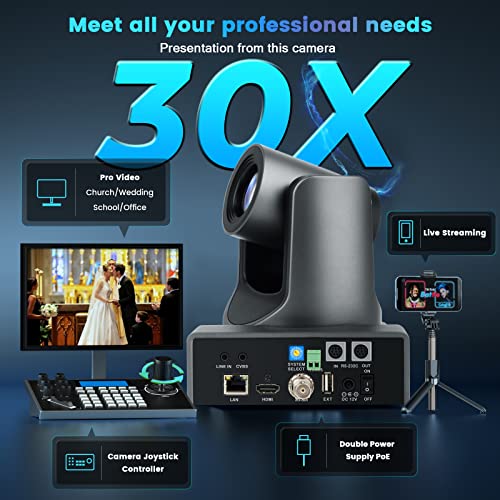 NDI PTZ Camera, 30X Optical + 8x Digital Zoom 1080P 60fps SDI/HDMI/USB/POE Cameras with CVBS, Low Light CMOS H.265 VISCA RS485 for Conference, Church, Government, Court, School Lecture Live Streaming