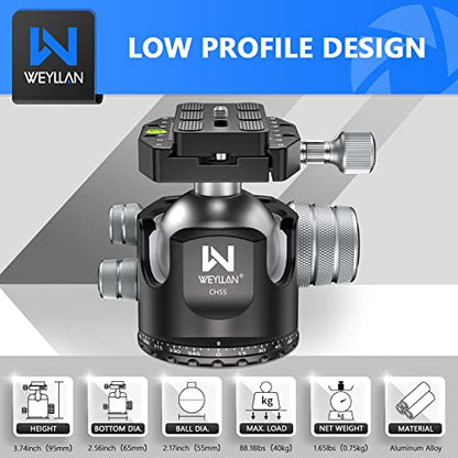 Low Profile Ball Head 55mm Tripod Ball Head Panoramic Tripod Head, CNC All Metal Tripod Camera Head for Tripods, WEYLLAN CH55 with Mlok Rail Arca Swiss Quick Release Plate, Max Load 88lbs/40kg - size: 55mm