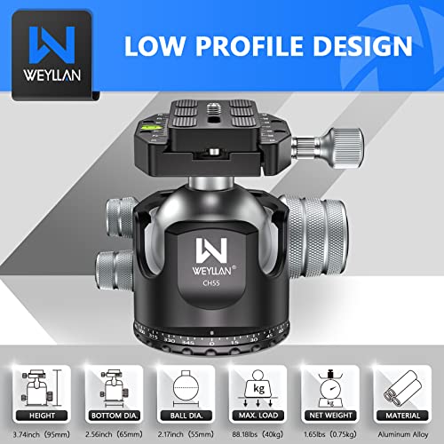 Low Profile Ball Head 55mm Tripod Ball Head Panoramic Tripod Head, CNC All Metal Tripod Camera Head for Tripods, WEYLLAN CH55 with Mlok Rail Arca Swiss Quick Release Plate, Max Load 88lbs/40kg - size: 55mm