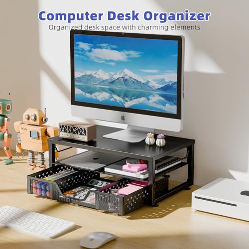 Simple Trending Desk Organizer and Accessories, 2-Tier Computer Monitor Stand Riser with Drawer, Office Desk Accessories & Workspace, Laptop & Printer Stand for Desktop, Black - size: 16.34"W x 10.35"D x 3.5"H