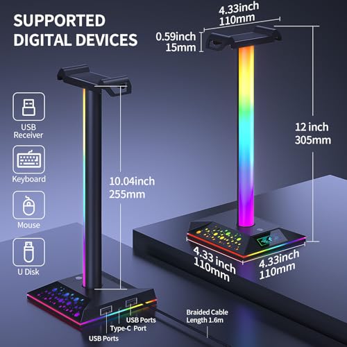 Gaming Headphone Stand PC Accessories - RGB Headset Stand with 2 USB Charger, Cool LED Headphone Holder PC Gaming Accessories for Boys Men Gamers, Computer Game Hardware for Desk - size: 1-tier