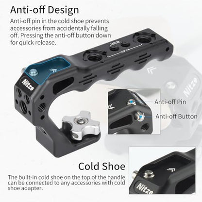 Nitze Cold Shoe Top Handle, Mini Ergonomic Camera Top Handle with Built-in Anti-Off Cold Shoe for DSLR and Mirrorless Cameras (Lil Stinger II Series) - PA28M-D3