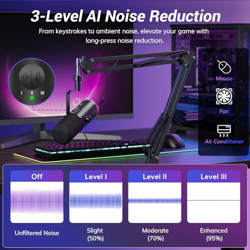 TONOR Dynamic Gaming Microphone, XLR/USB Mic Streaming, AI Noise Cancellation, Controlable RGB, Tap Mute, 3.5mm Headphone Jack, Volume Control, Microfono with Boom Arm, Black, TD510 AIR S H+