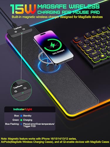 TopMade Mouse Pad with Wireless Charging, 31.5" x 11.81" Large Desk Mat RGB Gaming Mousepad, LED Desk Pad Keyboard Pad with Ultra-Smooth Surface & Non-Slip Rubber Base, Waterproof Desk Pad - color: RGB-31.5"x11.8"