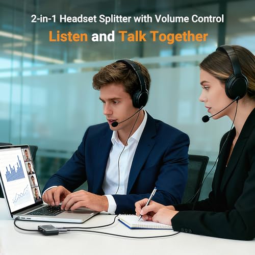 Cubilux 3.5mm Dual Headset Adapter with Volume Control, 1/8" to 2 TRRS Microphone Connector, Double Headphones Audio Splitter for 2 People Meeting, Recording, Online Training, Music Sharing