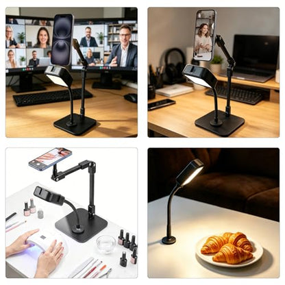 Overhead Phone Stand with Rechargeable Light, Adjustable Desk Smartphone Mount for Nail Art, Magnetic Holder for Cooking Videos, Content Creation, Filming, Live Streaming