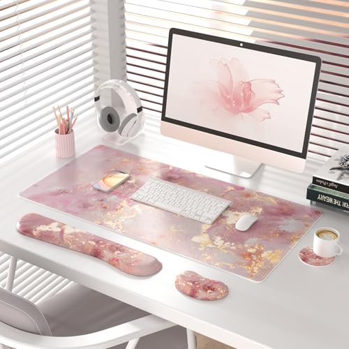 QiyI Leather Desk Mat Set, 4-in-1 Large Mouse Pad with Ergonomic Wrist Rest, Waterproof Desk Pad + Keyboard Wrist Rest + Mouse Wrist Support + Coaster, Non-Slip Office Gaming Accessories, Pink Marble - color: Pink Gold Marble
